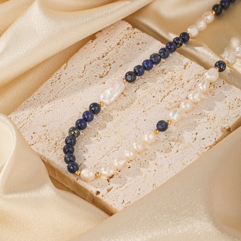 Elegant Klassisch Pendeln Farbblock Süßwasserperle Kupfer Lapislazuli Perlen Patchwork Überzug 18 Karat Vergoldet Halskette display picture 3