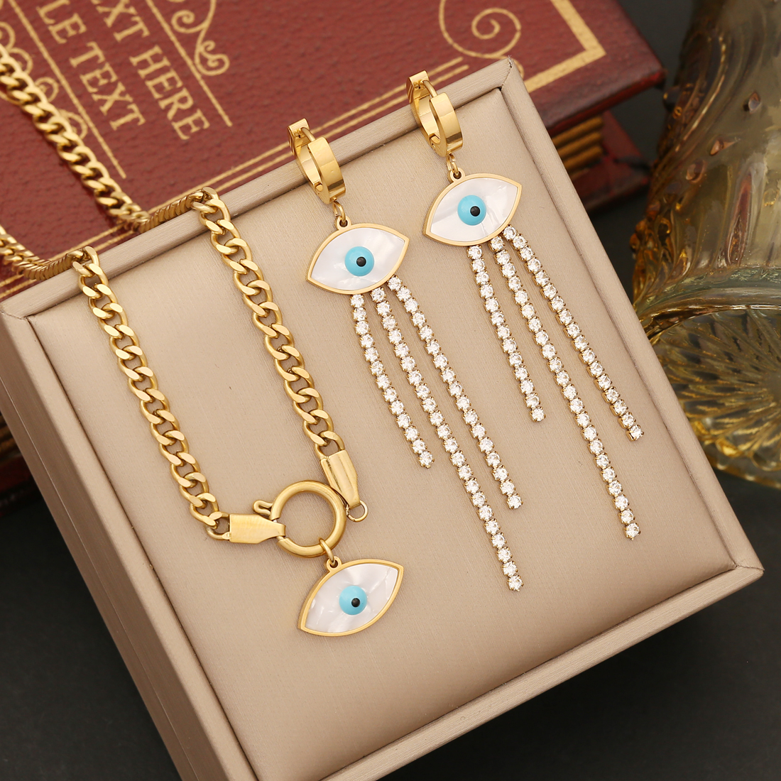 Stainless Steel 18K Gold Plated Streetwear Enamel Eye Bracelets Earrings Necklace display picture 2