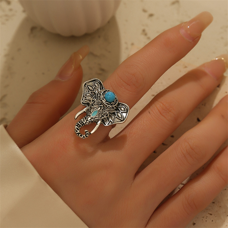 Wholesale Jewelry Ethnic Style Cool Style Elephant Alloy Turquoise Plating Inlay Open Rings display picture 4