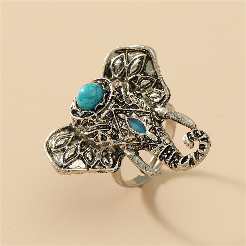 Wholesale Jewelry Ethnic Style Cool Style Elephant Alloy Turquoise Plating Inlay Open Rings display picture 5