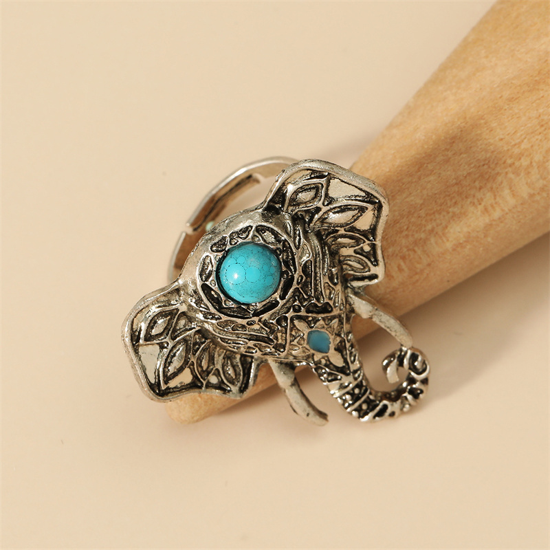 Wholesale Jewelry Ethnic Style Cool Style Elephant Alloy Turquoise Plating Inlay Open Rings display picture 6