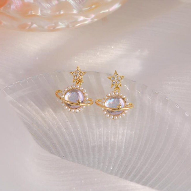 1 Pair Elegant Planet Plating Inlay Copper Pearl Zircon 14k Gold Plated Drop Earrings display picture 2