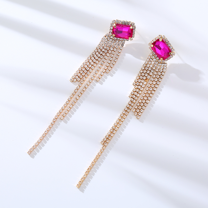 1 Pair Ig Style Shiny Tassel Rectangle Inlay Rhinestone Rhinestones Drop Earrings display picture 6