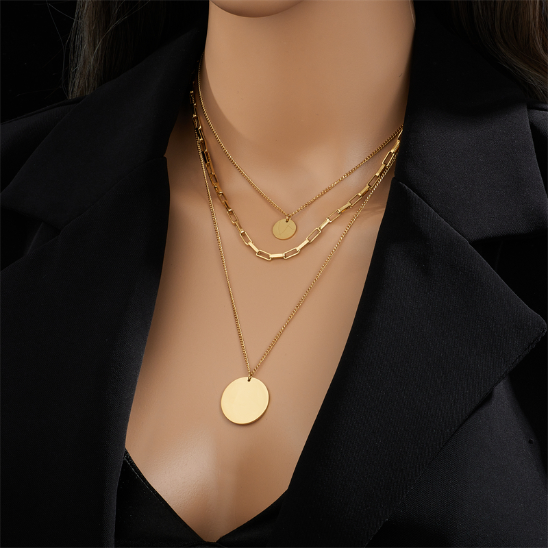 Stainless Steel 18K Gold Plated Retro Punk Layered Plating Round No Inlaid Layered Necklaces display picture 6