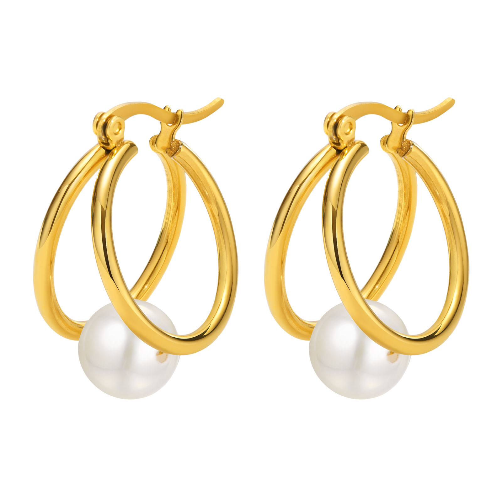 1 Pair Elegant French Style Circle Plating Inlay 304 Stainless Steel Pearl Earrings display picture 4