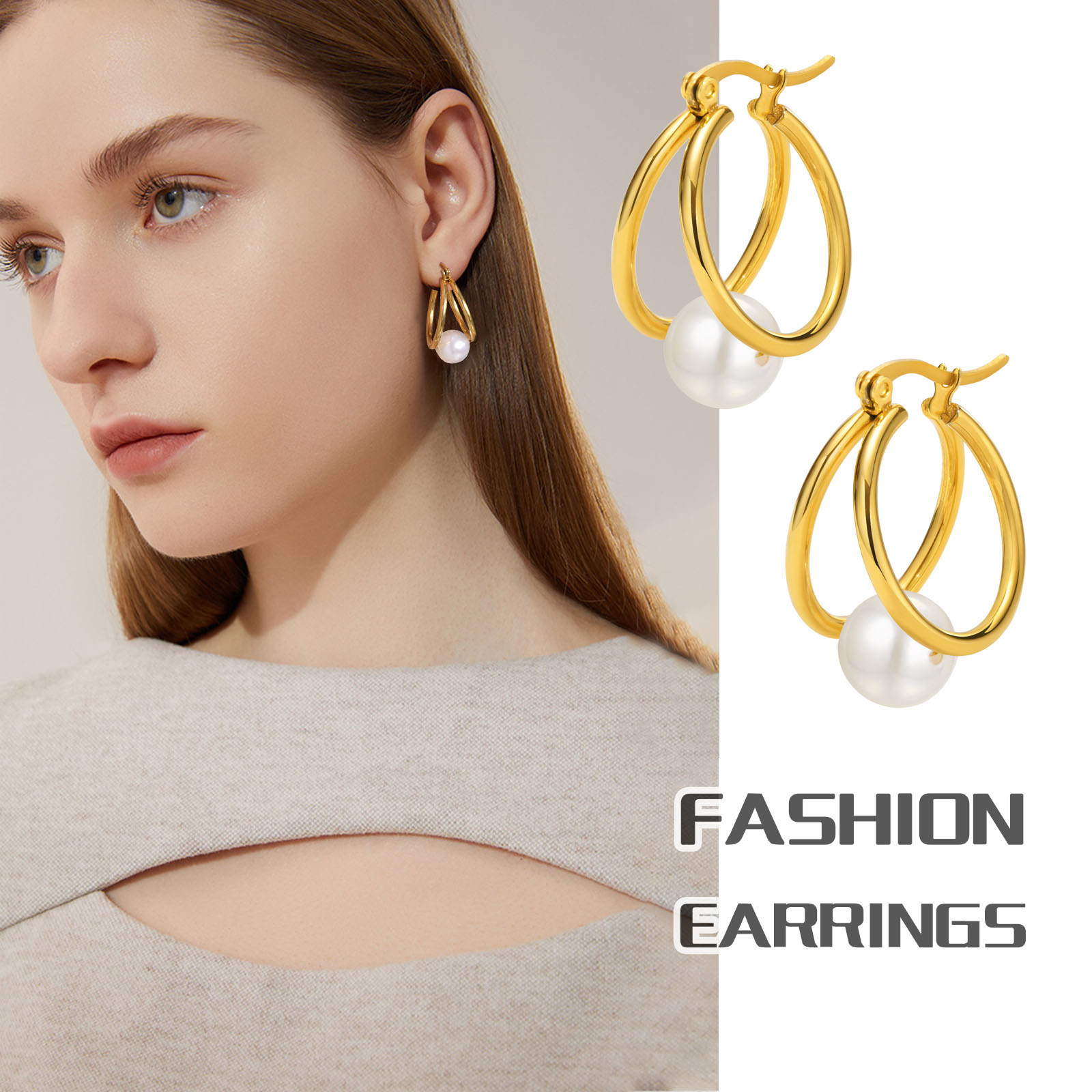 1 Pair Elegant French Style Circle Plating Inlay 304 Stainless Steel Pearl Earrings display picture 6