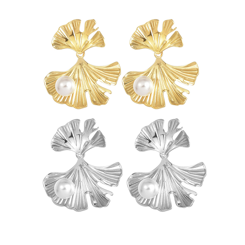 1 Pair Elegant Modern Style Ginkgo Leaf Plating Inlay 304 Stainless Steel Acrylic Imitation Pearl 18K Gold Plated Drop Earrings display picture 6