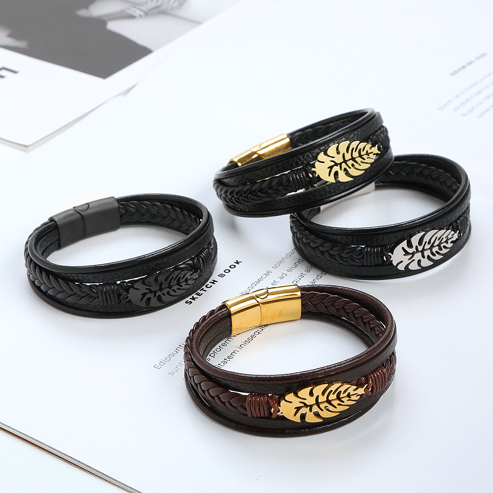 Hip-hop Rock Leaves Stainless Steel Pu Leather Men's Bangle display picture 3
