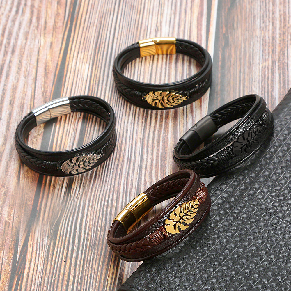 Hip-hop Rock Leaves Stainless Steel Pu Leather Men's Bangle display picture 7