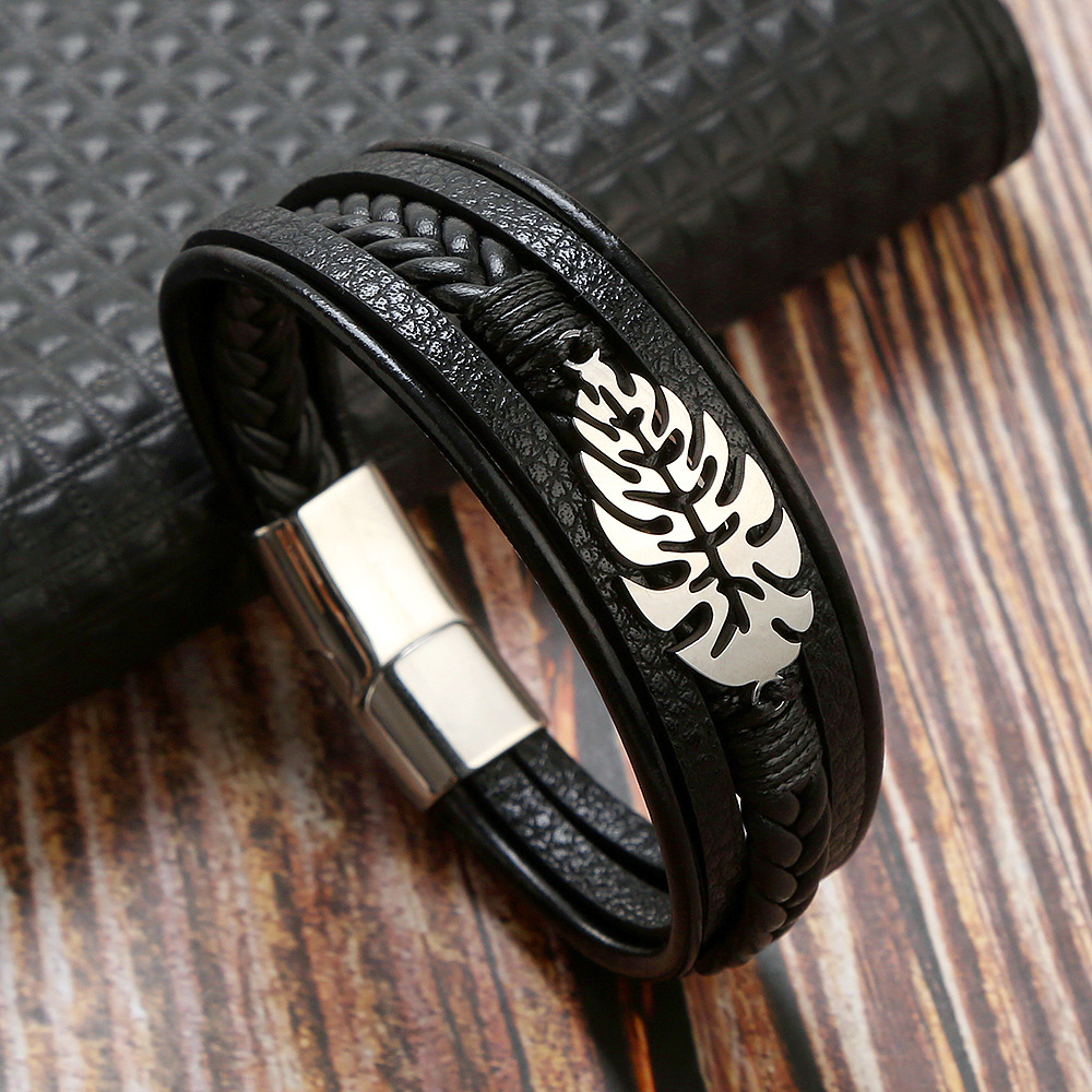 Hip-hop Rock Leaves Stainless Steel Pu Leather Men's Bangle display picture 5