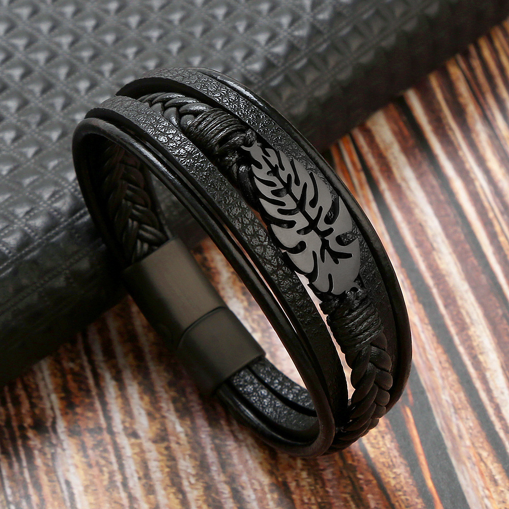 Hip-hop Rock Leaves Stainless Steel Pu Leather Men's Bangle display picture 8