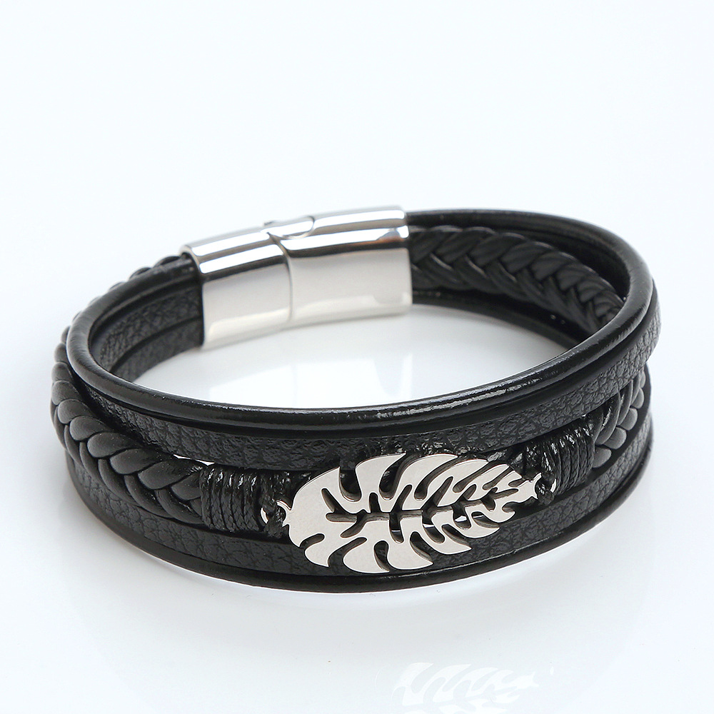 Hip-hop Rock Leaves Stainless Steel Pu Leather Men's Bangle display picture 13