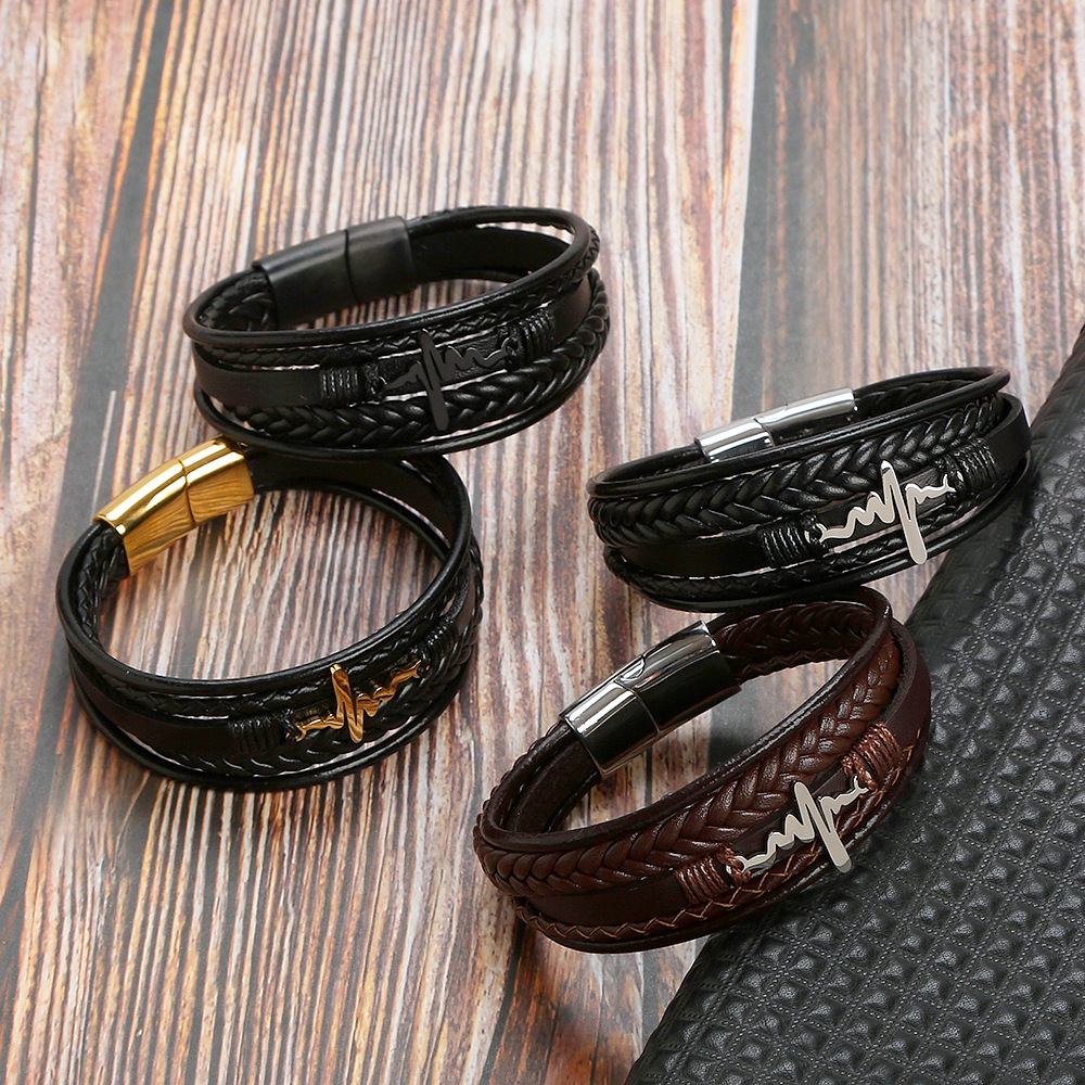 Retro Streetwear Electrocardiogram Stainless Steel Pu Leather Men's Bangle display picture 2