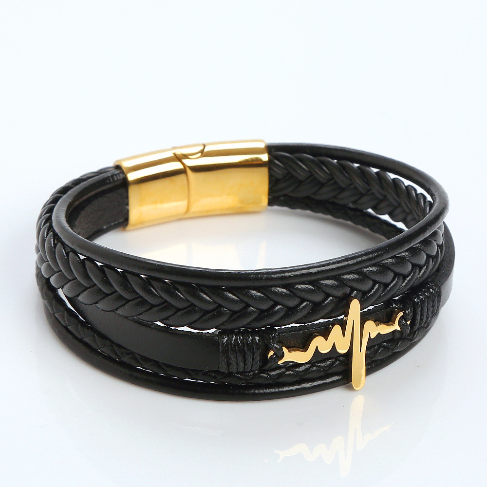 Retro Streetwear Electrocardiogram Stainless Steel Pu Leather Men's Bangle display picture 10