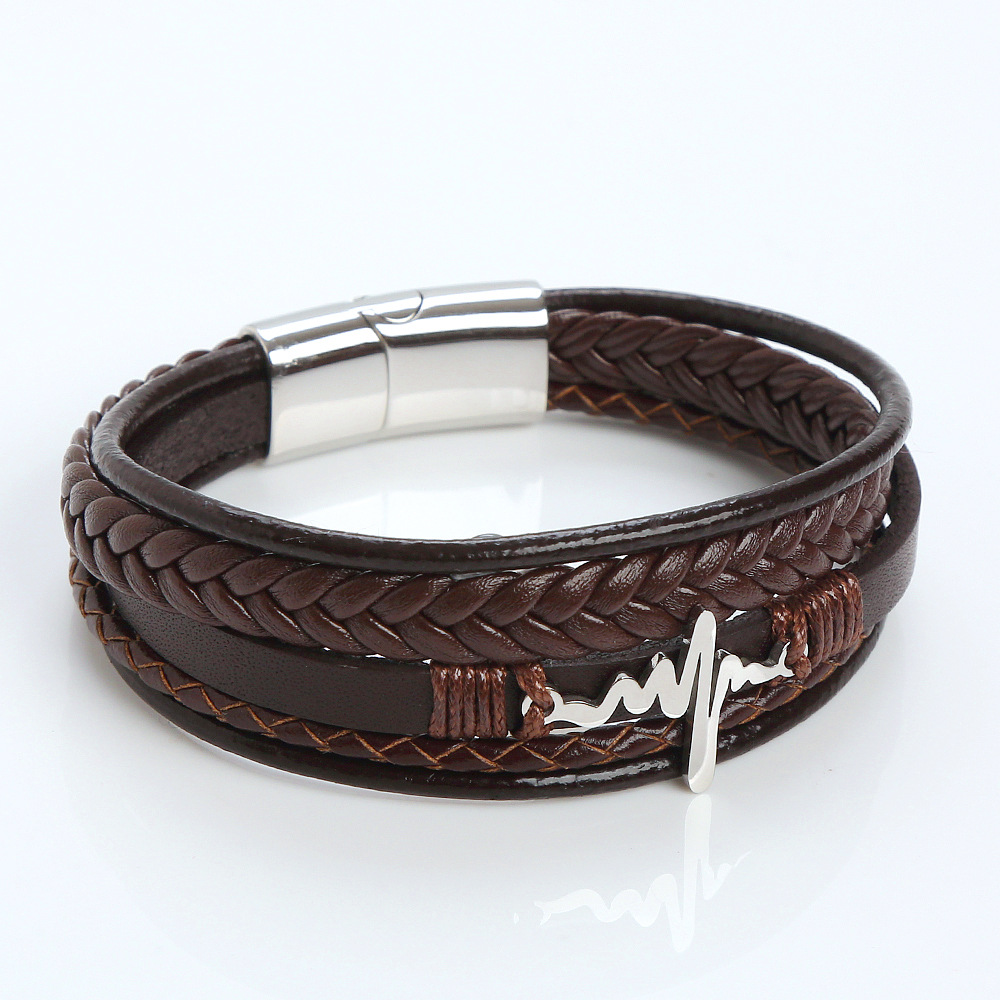Retro Streetwear Electrocardiogram Stainless Steel Pu Leather Men's Bangle display picture 11