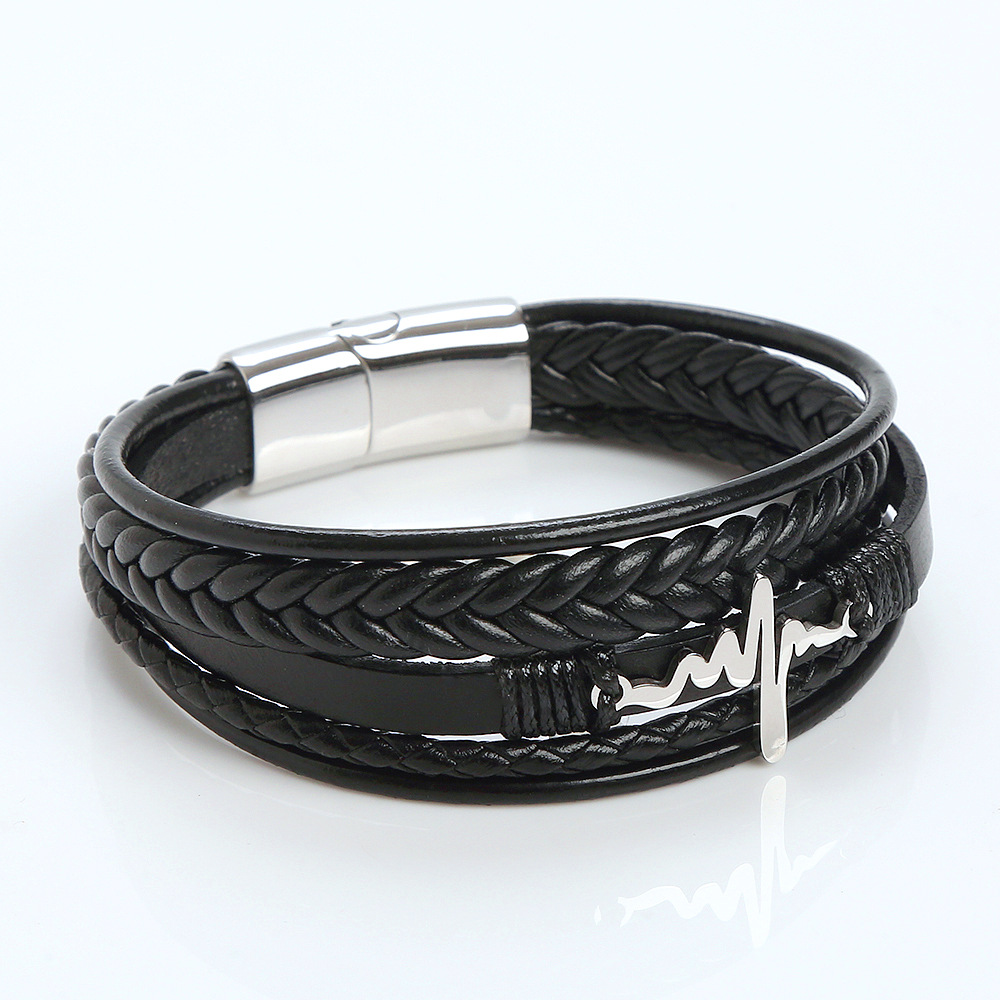 Retro Streetwear Electrocardiogram Stainless Steel Pu Leather Men's Bangle display picture 13
