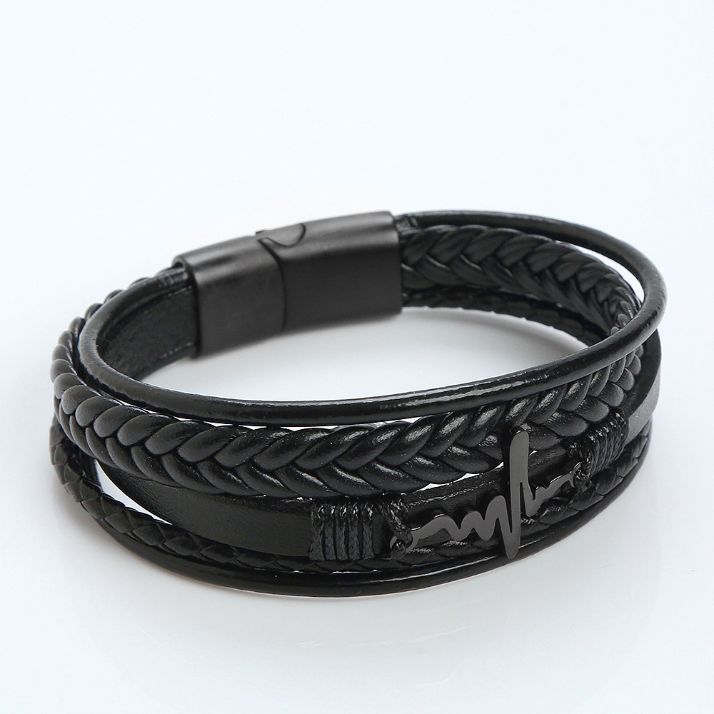 Retro Streetwear Electrocardiogram Stainless Steel Pu Leather Men's Bangle display picture 12