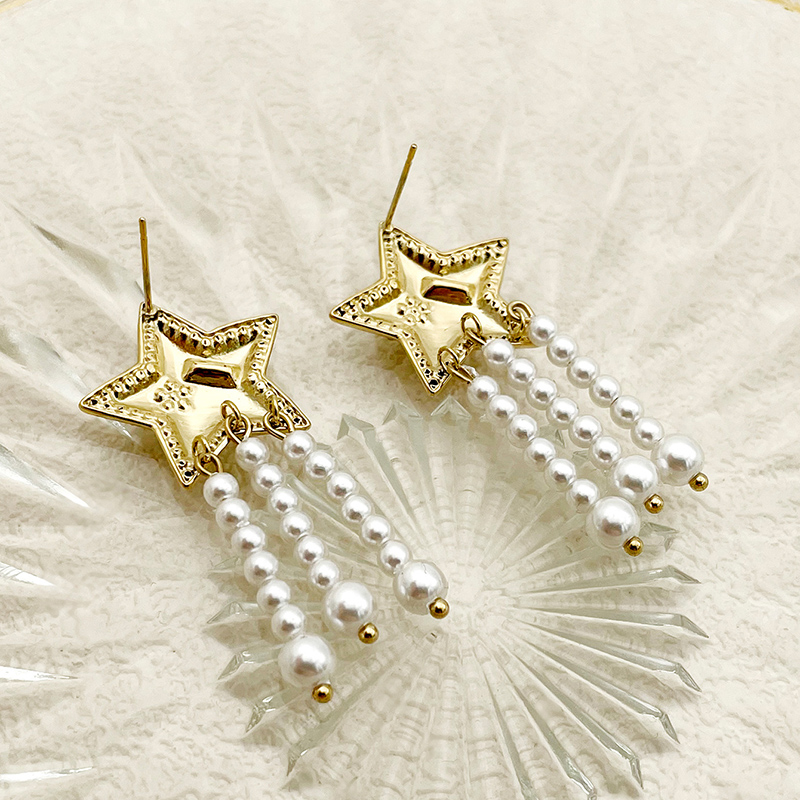 1 Pair Cute Star Plating Inlay 304 Stainless Steel Pearl Zircon 14K Gold Plated Drop Earrings display picture 2
