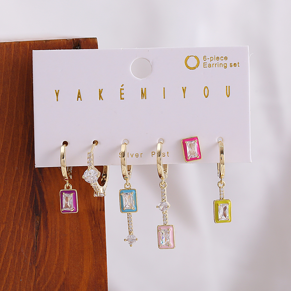 1 Set Yakemiyou Casual Rectangle Asymmetrical Enamel Copper Zircon 14k Gold Plated Ear Studs display picture 3