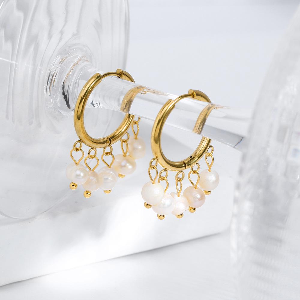 1 Pair Elegant Bohemian Roman Style Circle Plating 201 Stainless Steel Freshwater Pearl 18K Gold Plated Drop Earrings display picture 9