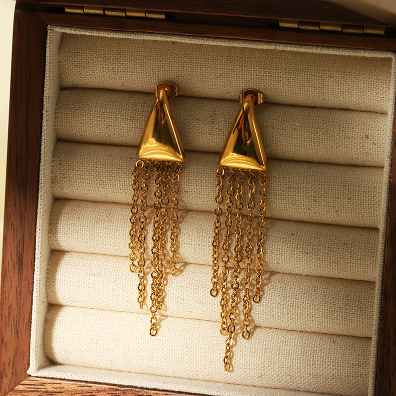 1 Pair Elegant Lady Triangle Tassel Plating Stainless Steel 18k Gold Plated Drop Earrings display picture 6