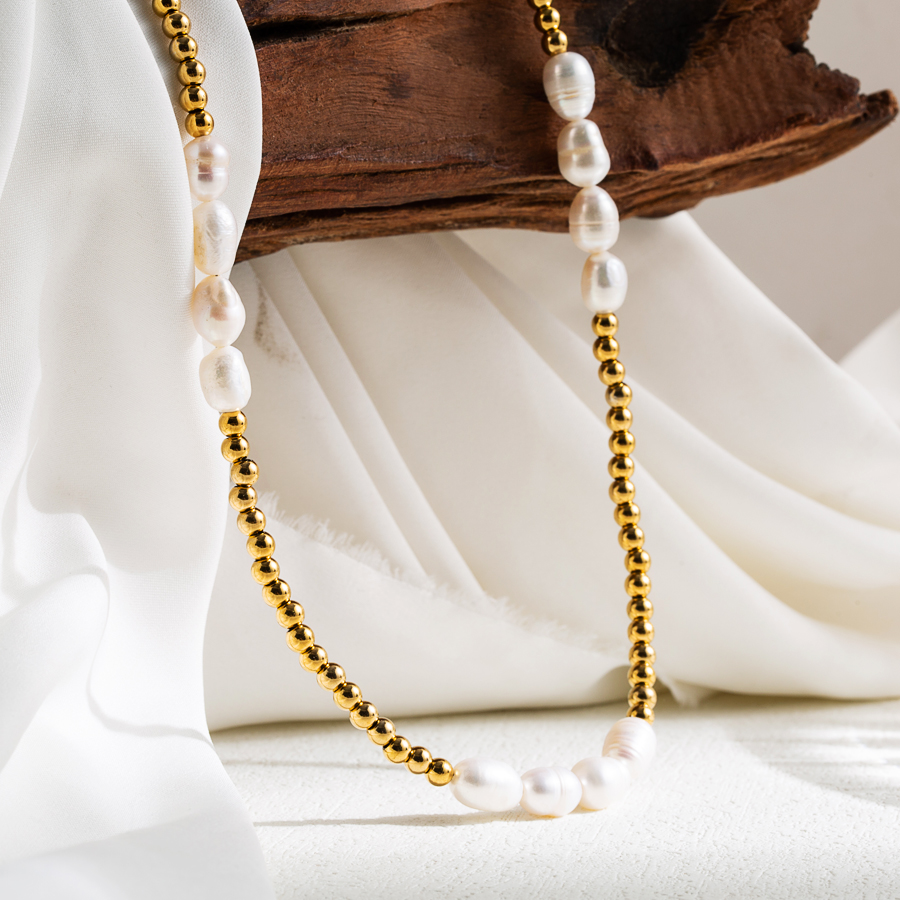 Ig-stil Süss Oval Rostfreier Stahl Süßwasserperle Perlen Handgemacht 18 Karat Vergoldet Halskette display picture 2