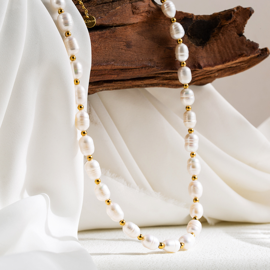 Ig-stil Süss Oval Rostfreier Stahl Süßwasserperle Perlen Handgemacht 18 Karat Vergoldet Halskette display picture 4