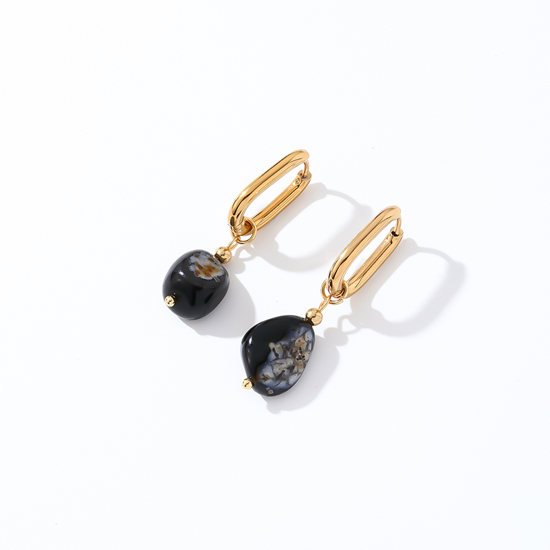 1 Pair Casual Retro French Style Oval Plating 304 Stainless Steel Natural Stone Gold Plated Drop Earrings display picture 1