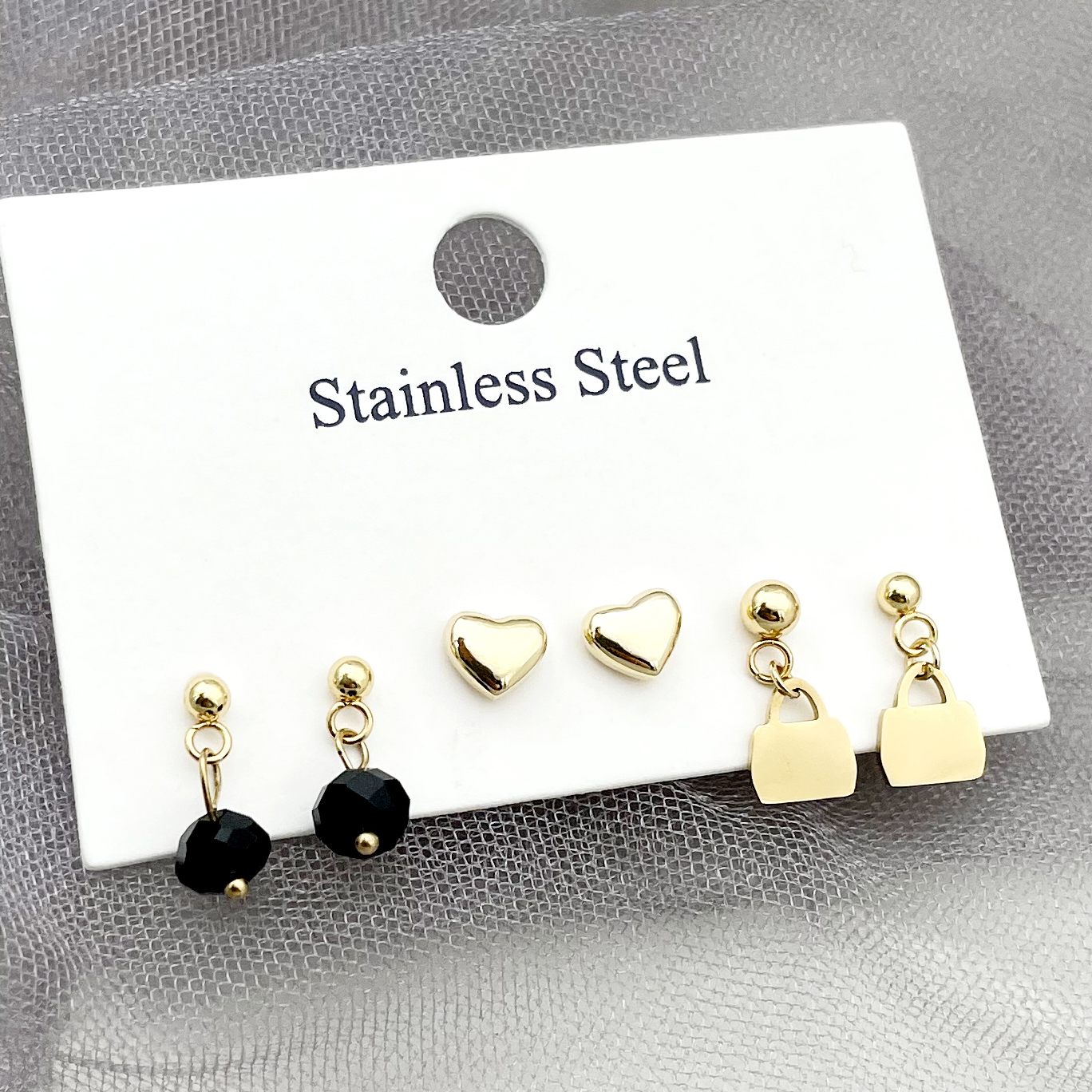 1 Set French Style Sweet Simple Style Geometric Tassel Heart Shape Plating Inlay 304 Stainless Steel Natural Stone Pearl Zircon 14K Gold Plated Ear Studs display picture 1