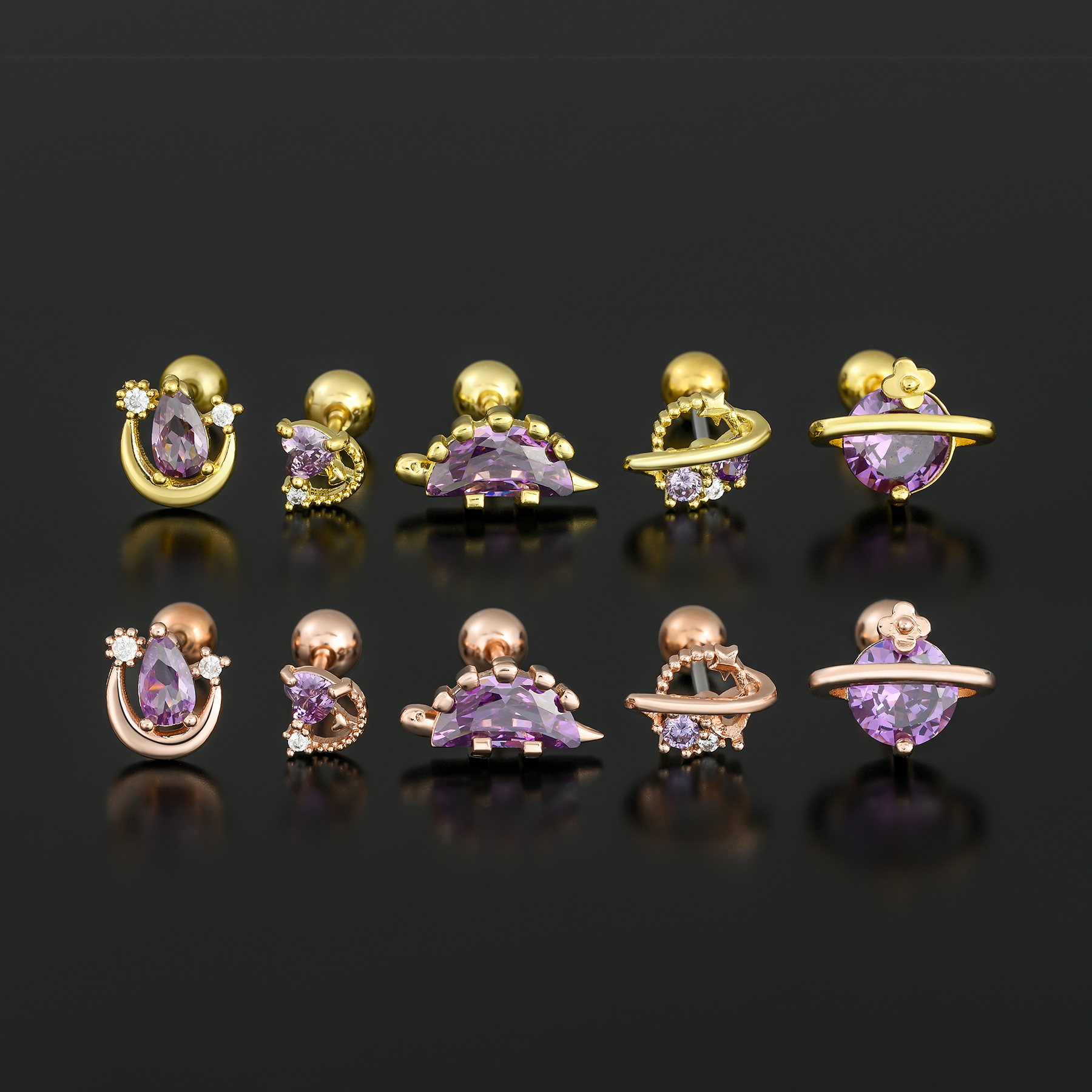 1 Piece Ig Style Simple Style Planet Moon Heart Shape Plating Inlay Brass Zircon 18k Gold Plated White Gold Plated Sleeper Earrings  Ear Studs display picture 4