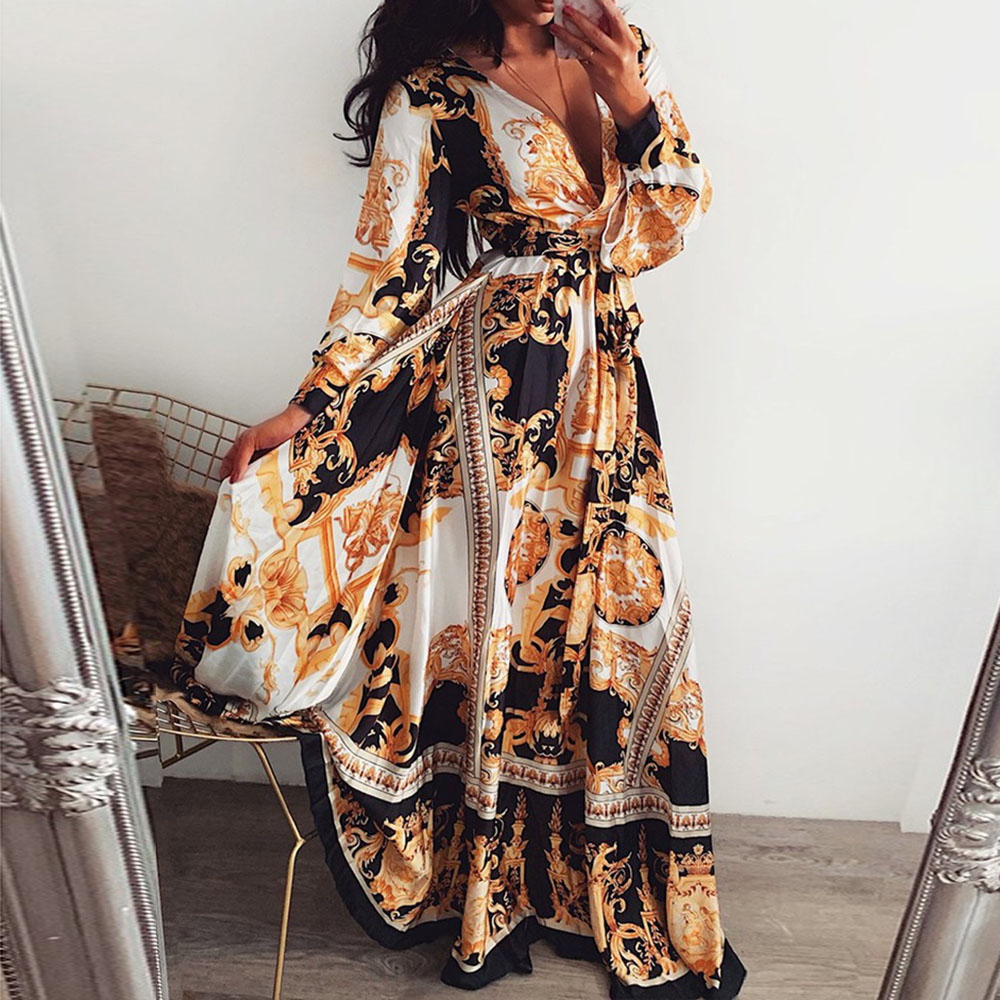 Femmes Robe Trapèze Style Vintage Col En V Impression Manche Longue Impression Maxi Longue Robe Rue display picture 1