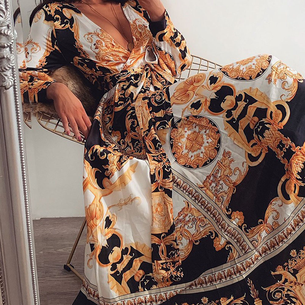 Femmes Robe Trapèze Style Vintage Col En V Impression Manche Longue Impression Maxi Longue Robe Rue display picture 2