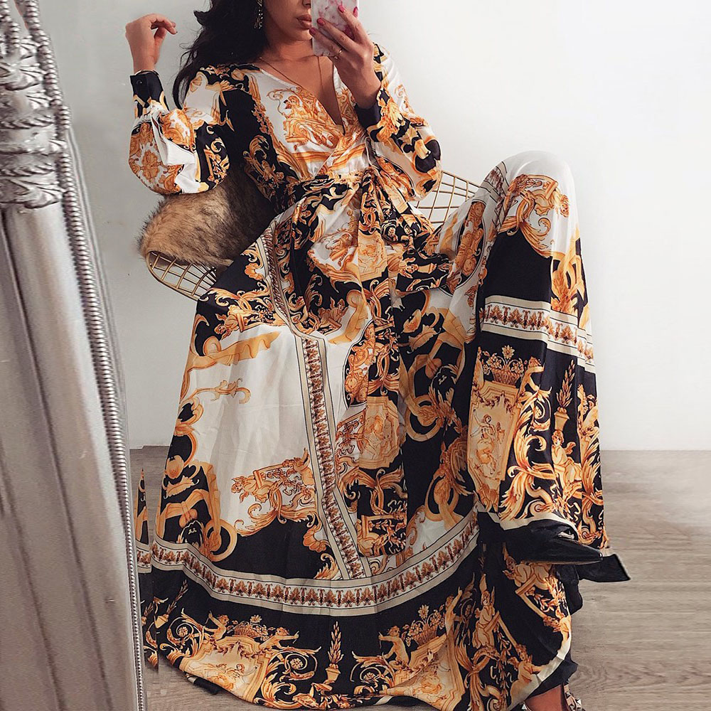 Women's Swing Dress Vintage Style V Neck Printing Long Sleeve Printing Maxi Long Dress Street display picture 3