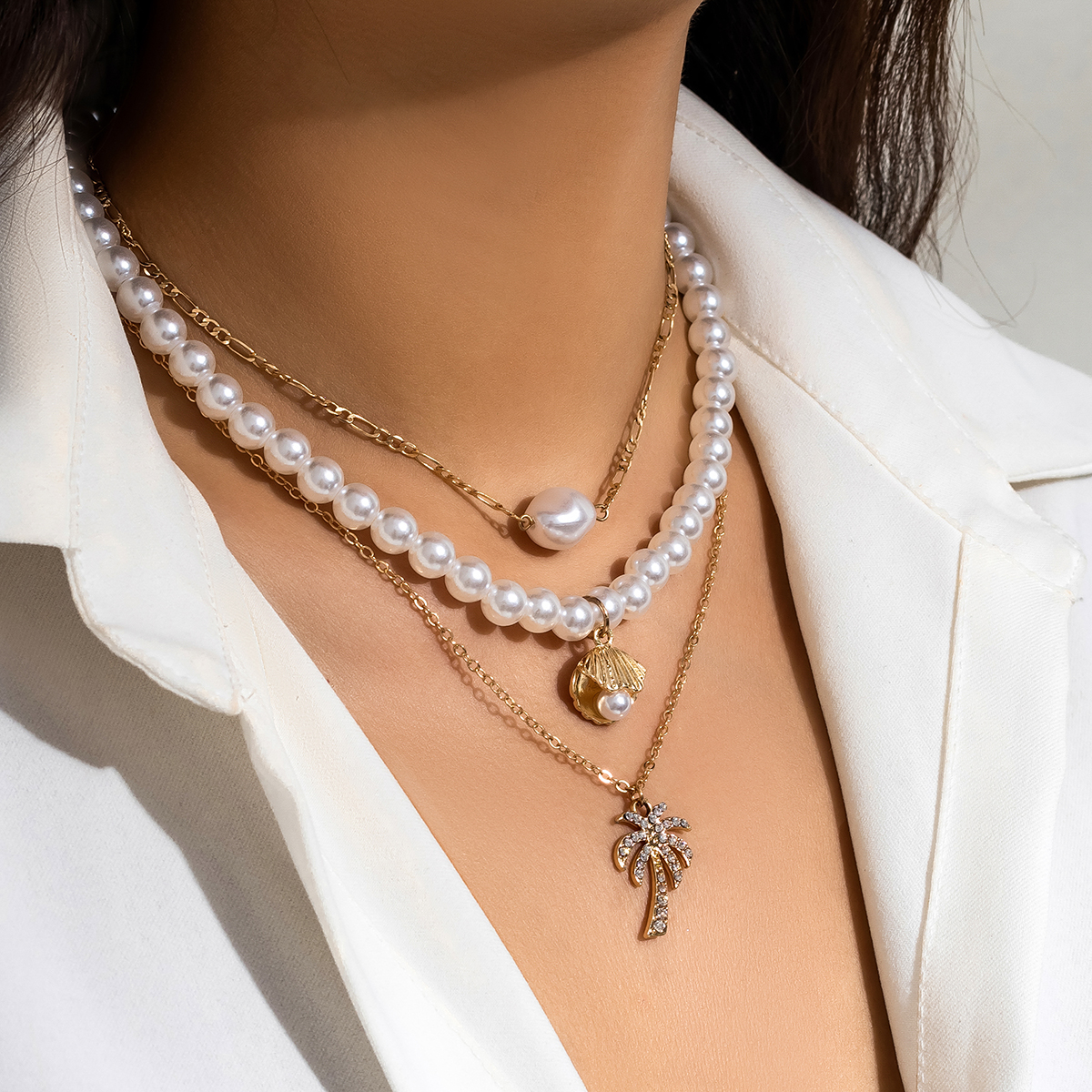 Simple Style Coconut Tree Shell Imitation Pearl Alloy Inlay Rhinestones Women's Necklace display picture 3