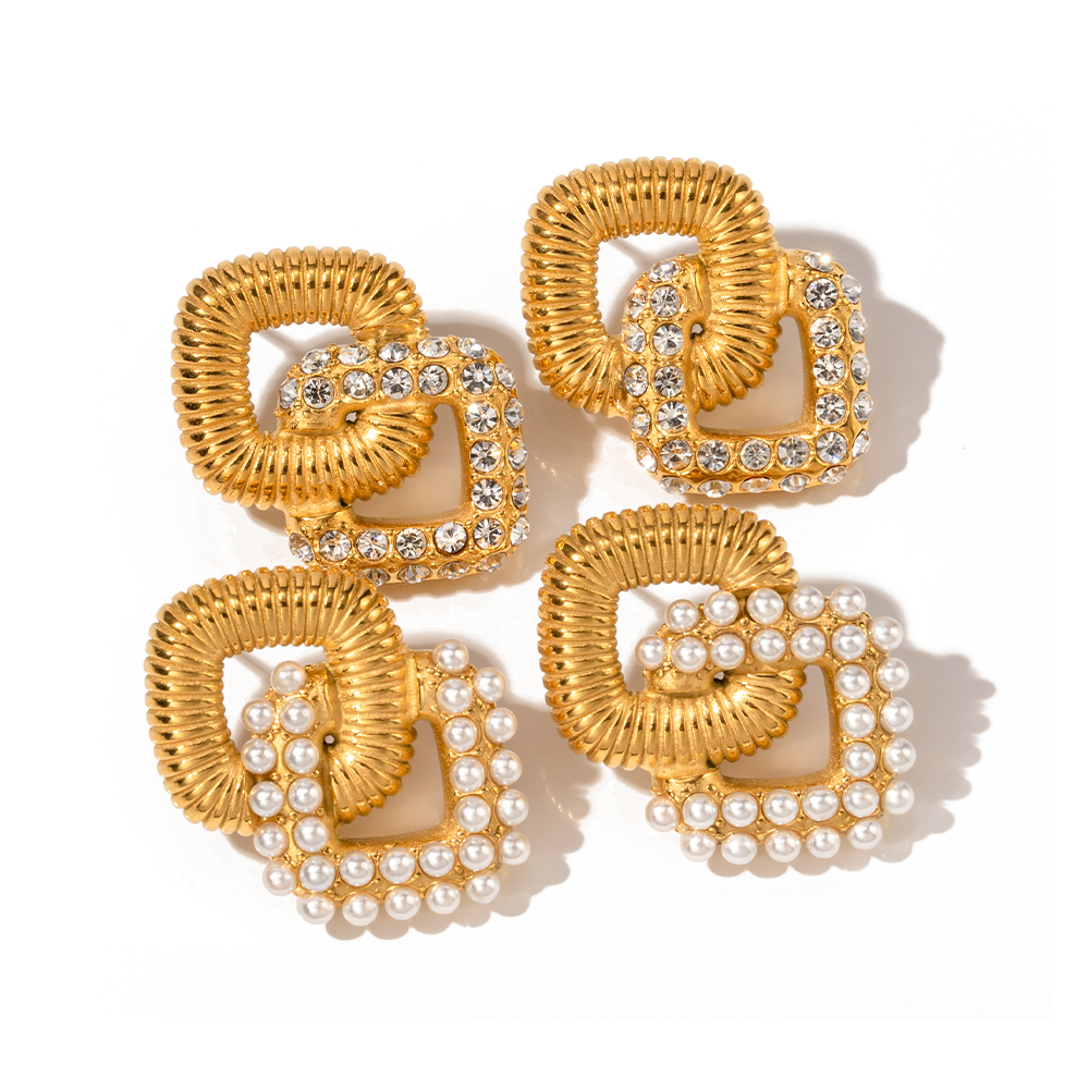 1 Paar Einfacher Stil Rhombus Überzug Inlay Rostfreier Stahl Perle 18 Karat Vergoldet Ohrringe display picture 4