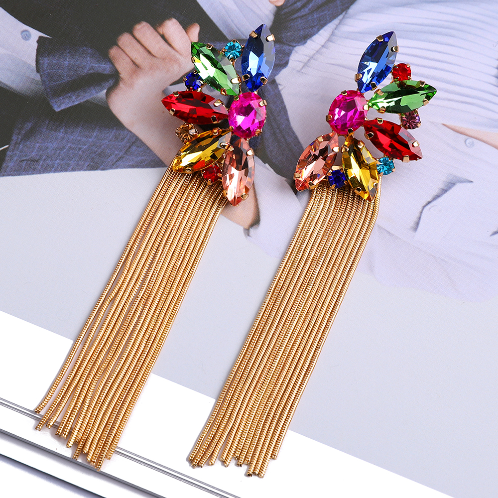 Wholesale Jewelry Retro Exaggerated Oval Tassel Zinc Alloy Glass Plating Inlay Drop Earrings display picture 10