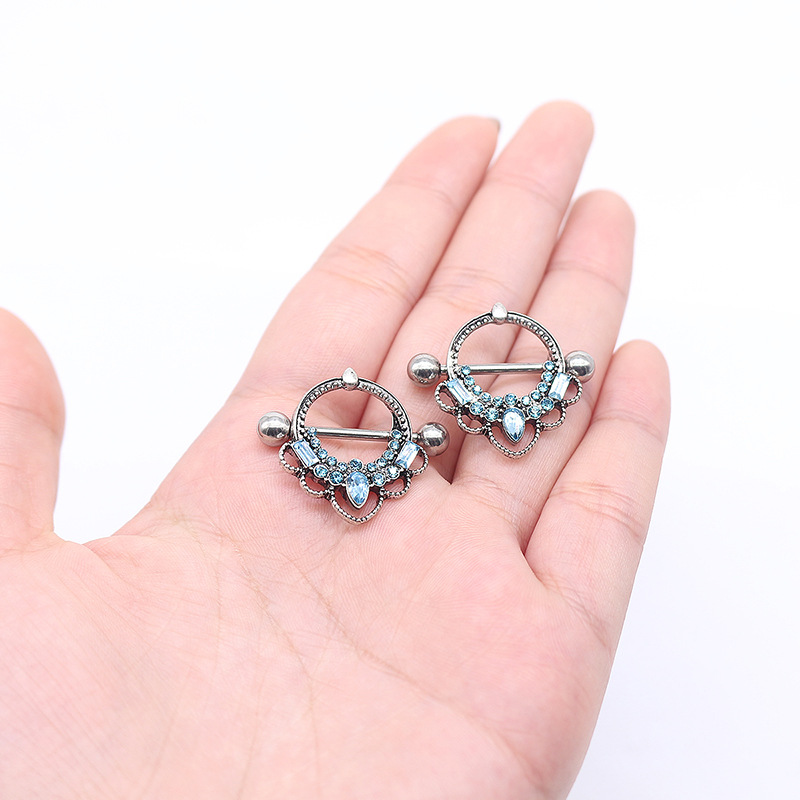 Rock Round Stainless Steel Copper Inlay Glass White Gold Plated Nipple Ring display picture 3
