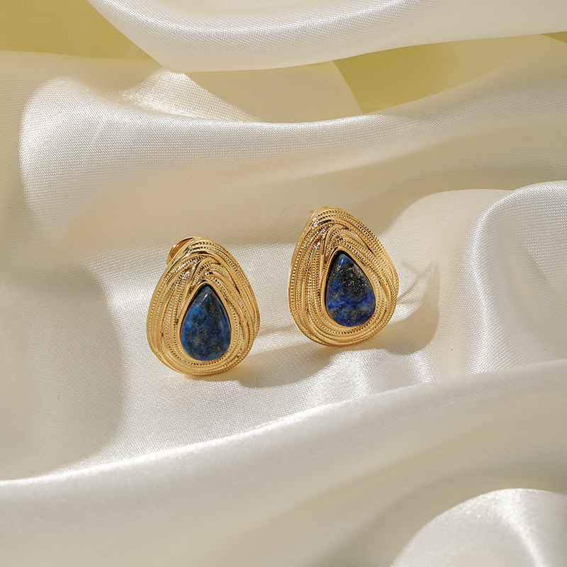 1 Pair Roman Style Streetwear Geometric Plating Inlay Copper Lapis Lazuli 18k Gold Plated Ear Studs display picture 4