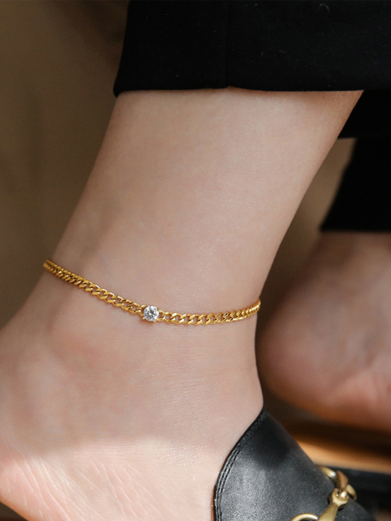 Classic Style Solid Color Chains Print Stainless Steel Inlay Zircon Women's Anklet display picture 5