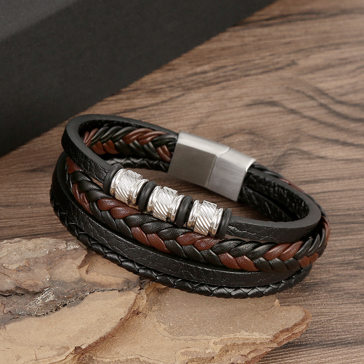 Commute Grain Stainless Steel Pu Leather Handmade Men's Bangle display picture 5