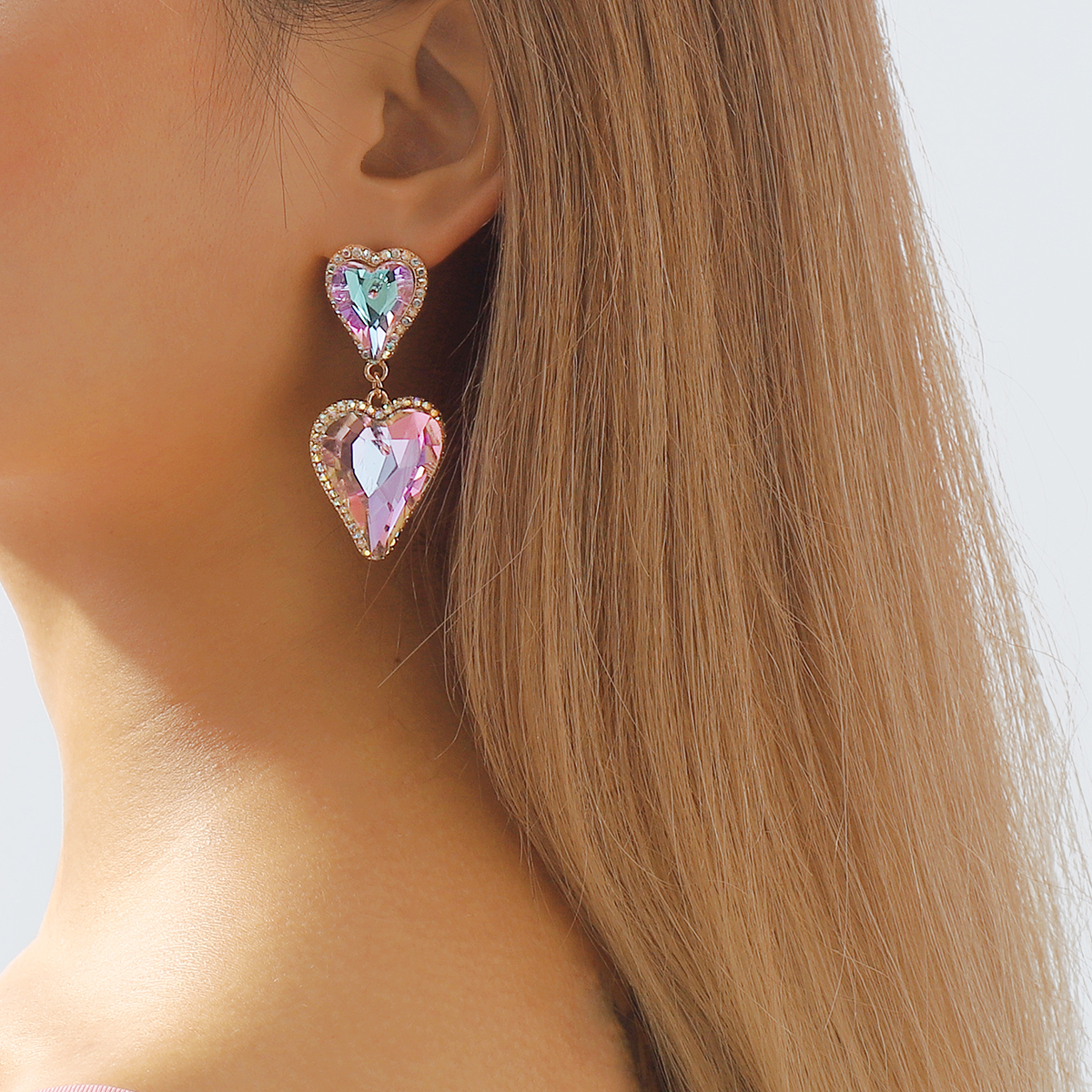 1 Pair Sweet Shiny Heart Shape Inlay Alloy Rhinestones Glass Drop Earrings display picture 6