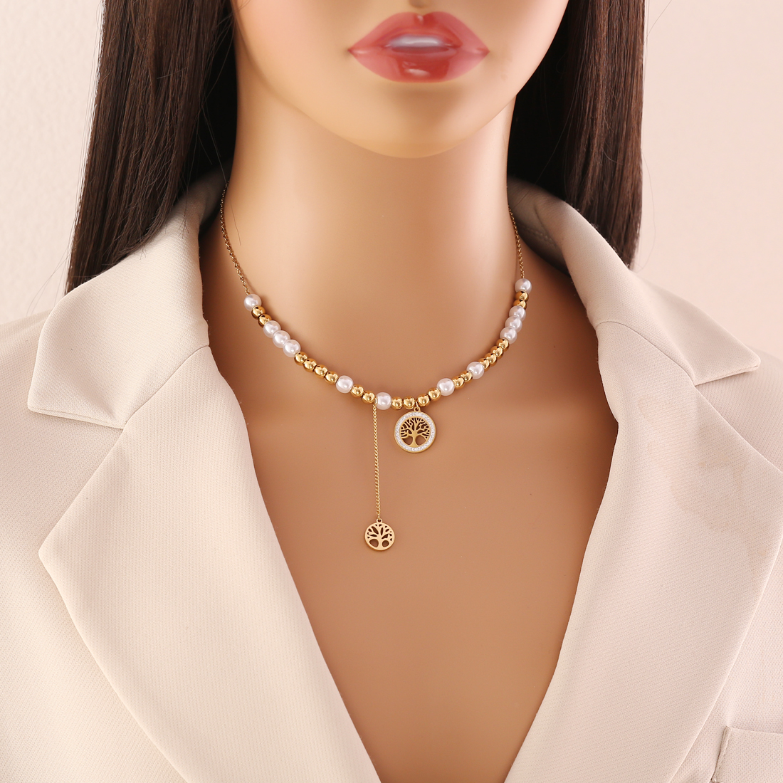 Acero Inoxidable Perla De Imitación Chapados en oro de 18k Elegante Retro Embutido Árbol Circón Pulsera Aretes Collar display picture 1