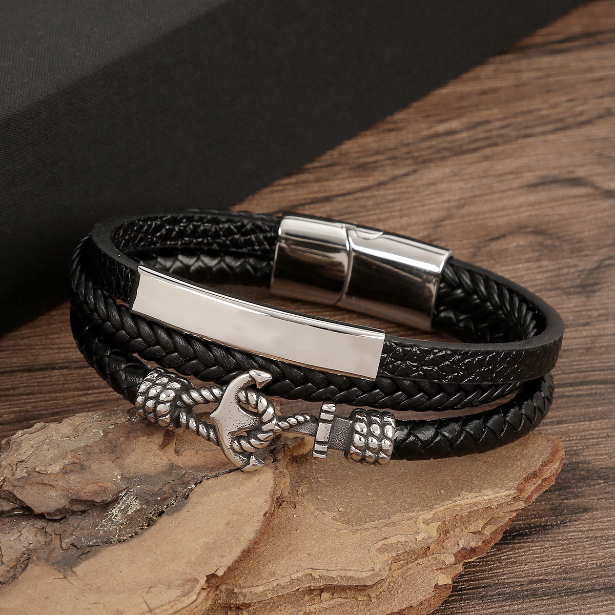 Casual Classical Solid Color Anchor Stainless Steel Pu Leather Handmade Men's Bangle display picture 4