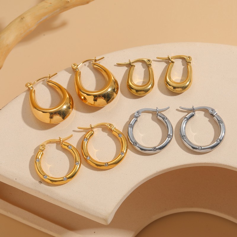 1 Pair Elegant C Shape U Shape Asymmetrical Plating Inlay 304 Stainless Steel Zircon Earrings display picture 2