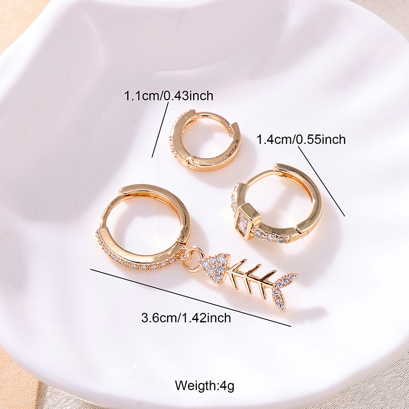 3 Pieces Set Glam Luxurious Shiny Circle Fish Bone Plating Inlay Copper Zircon Gold Plated Drop Earrings Earrings display picture 2