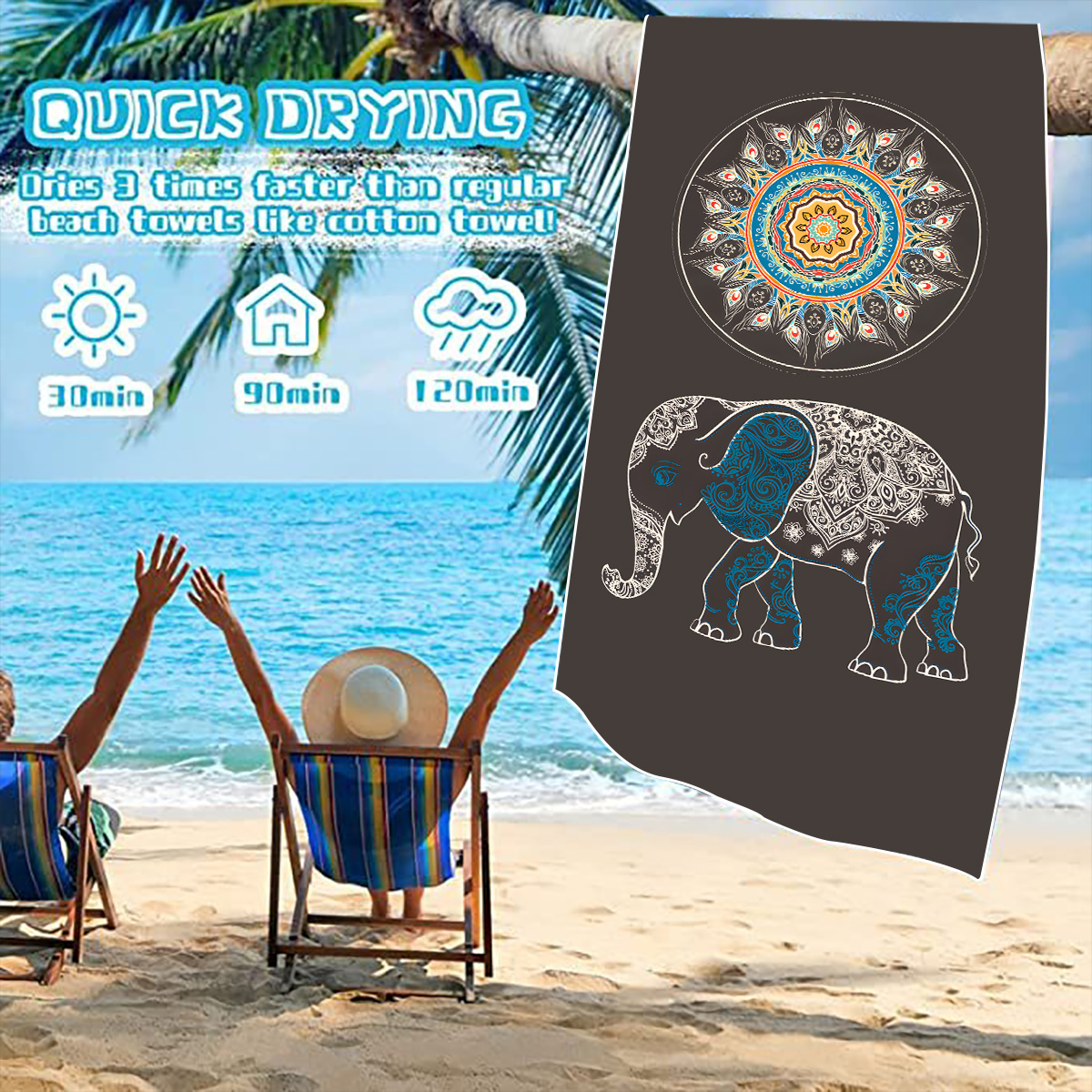 Retro Vacation Flower Elephant Beach Towels display picture 11