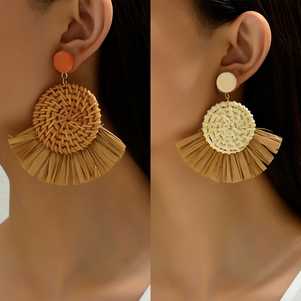 1 Pair Retro Vacation Round Sector Handmade Braid Straw Rattan Drop Earrings display picture 7