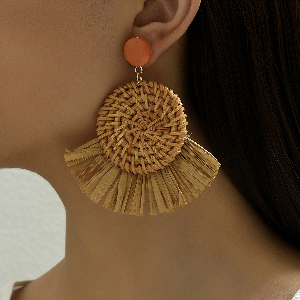 1 Pair Retro Vacation Round Sector Handmade Braid Straw Rattan Drop Earrings display picture 8
