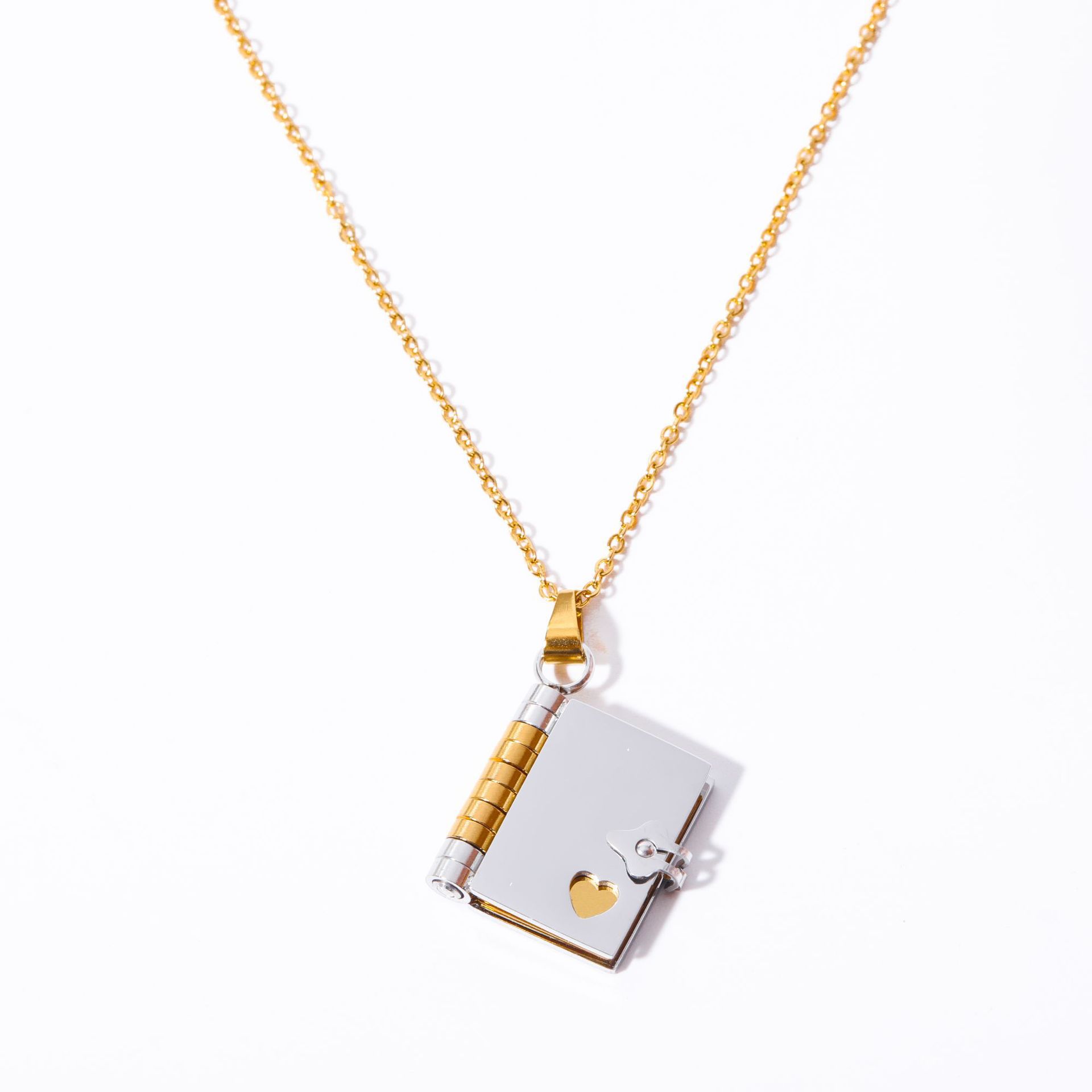 201 Stainless Steel 304 Stainless Steel Titanium Steel Gold Plated Simple Style Plating Book Heart Shape Rectangle Pendant Necklace display picture 1