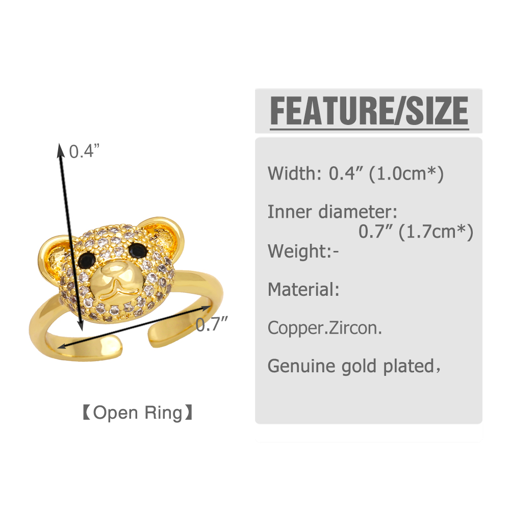 Cute Fashion Sweet Bear Copper Plating Inlay Zircon 18k Gold Plated Open Rings display picture 1